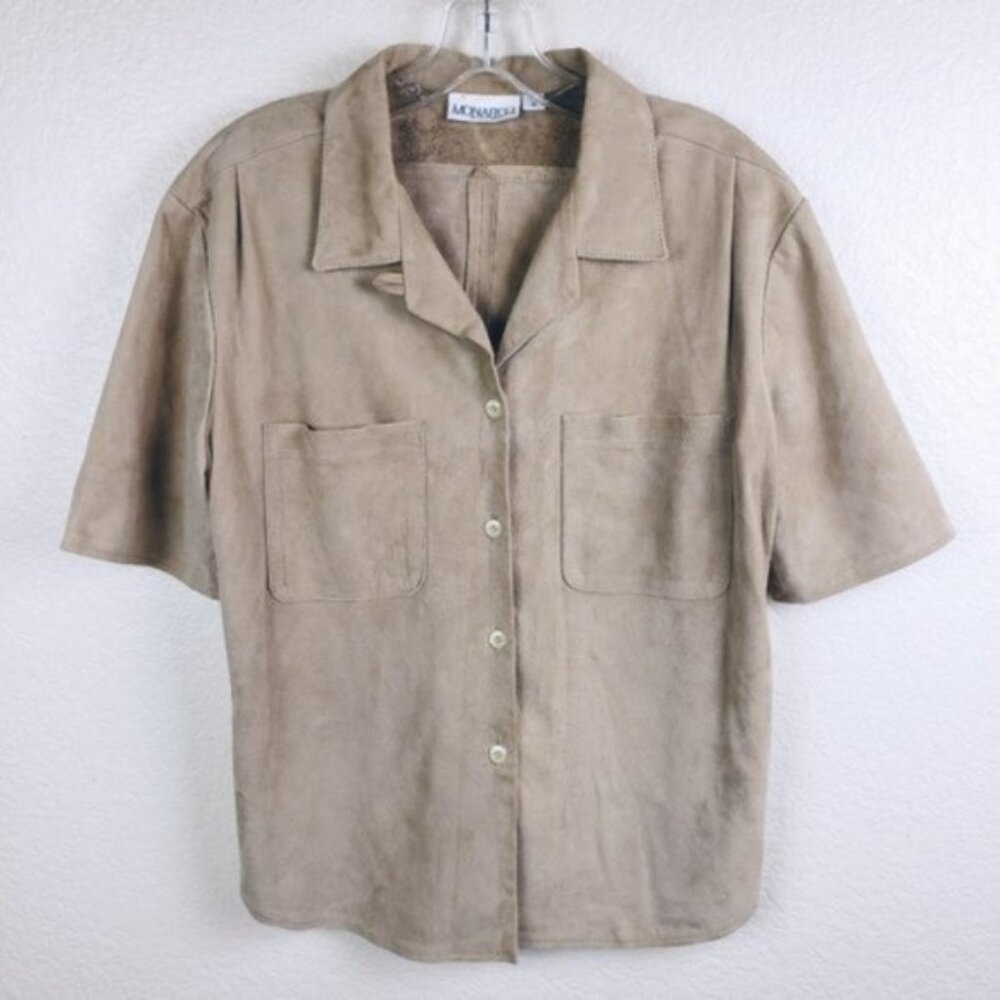 Vintage MONARCH New Zealand Genuine Suede Leather Shirt size S Tan/Stone Y2K